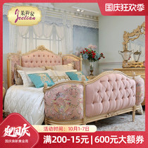 Julian French style princess style solid wood gold foil carving beautiful pink embroidery fabric big bed gold bedside table