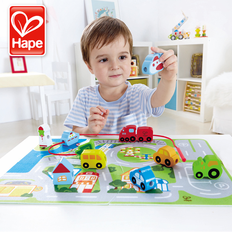 Hape city wearing rope puzzle young children puzzle beads toys 2-3 years old baby building blocks environmental protection
