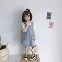 Bean Bao Jun 2021 Spring and Autumn Korean girl baby Foreign style casual retro single-breasted Joker denim strap skirt tide