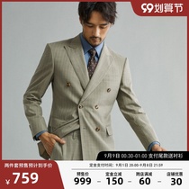 Giyomon double-breasted suit mens suit khaki striped suit male slim groom wedding dress spring and autumn