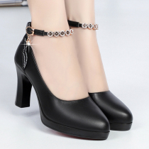 Real leather shoes one word buckle with cheongsam model catwalk dance sexy super high heel waterproof table womens shoes single shoes