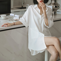 Ice silk pajamas women summer 2022 new sexy boyfriend wind shirt homewear large size medium long thin nightdress