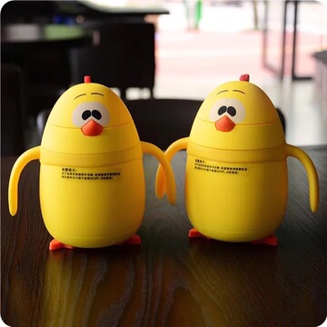韩国带吸管儿童保温杯可爱卡通小鸡304不锈钢宝宝水壶弹盖带手柄