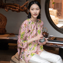  New Chinese style literature and art retro improvement National style silk crepe printing oblique lapel lace-up round neck jacket Tang womens top