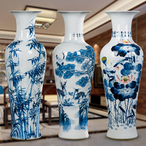 Jingdezhen ceramic vase living room floor ornaments Chinese hand-painted pine crane Lotus White large porcelain bottle 1 m
