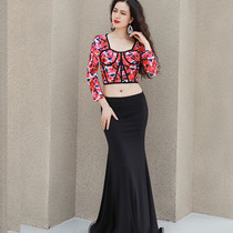 Qingcheng Dance 2021 autumn and winter New belly dance Gong suit long sleeve printing French coat fishtail skirt suit