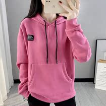 Plus velvet thickened hoodie womens autumn and winter windproof warm sweaters hooded long sleeve T-shirt loose casual sports fleece