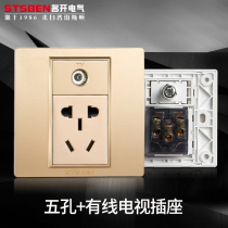 Famous open electric 86 type concealed TV TV with three-hole power socket Gold cable TV five-hole socket