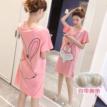 With chest pad nightgown women Summer cotton short sleeve pajamas cartoon students Medium-length dress bra Cup one-piece home wear