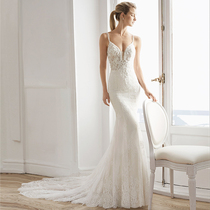 High-end lace main wedding dress 2021 new bride wedding travel temperament suspender waist fishtail thin dress