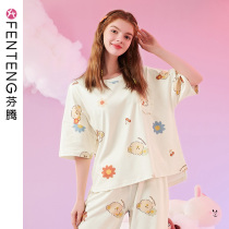 Fenteng short-sleeved pajamas womens summer thin cotton loose cute girl three-point pants Cotton home clothes womens suit