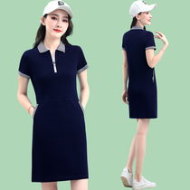 Short-sleeved polo shirt slim A-line sports dress Plaid collar casual skirt womens summer new medium-long section