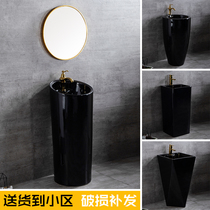 Black column basin ceramic wash basin floor sink integrated basin bright black wash basin