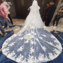 Bride veil super long luxury tailing main wedding dress tiara Super fairy series shiny lace white champagne