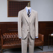 IsirHonour Italian English shallow khaki Plaid slim suit three-piece set worsted wool suit men