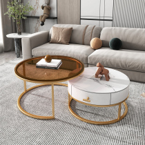 Light luxury Rock board tea table combination household small apartment round coffee table modern simple living room tempered glass coffee table table