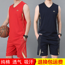 Summer Pure Cotton Sleeveless Sport Suit Men Casual Loose Vest Shorts Summer Sportswear Running Fitness Clothing