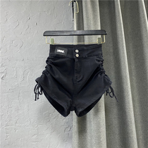 Black denim shorts autumn clothing 2021 New Korean female high waist two buckle drawstring design sense A hot pants tide