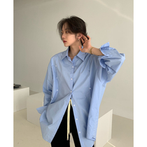  Anjiuyue chic blue shirt womens early autumn 2021 new pure cotton design sense niche shirt loose long-sleeved top