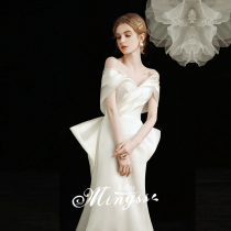 French light wedding dress 2021 New Bride wedding dress shoulder temperament simple atmosphere welcome yarn small tailing