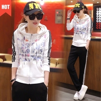 Spring and autumn Clover print sportswear set ladies size fashion casual hooded sweater cotton two-piece set