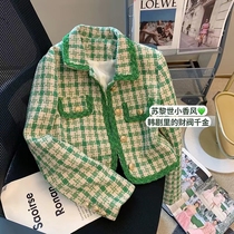 French retro green plaid polo jacket womens autumn 2022 new small fragrance style fashion high-end temperament short top