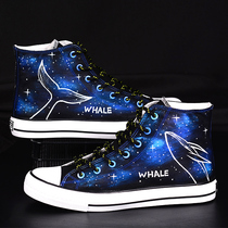 Huili hand-painted Starry Sky Whale high canvas shoes men and women couples cloth shoes graffiti casual shoes student board shoes diy