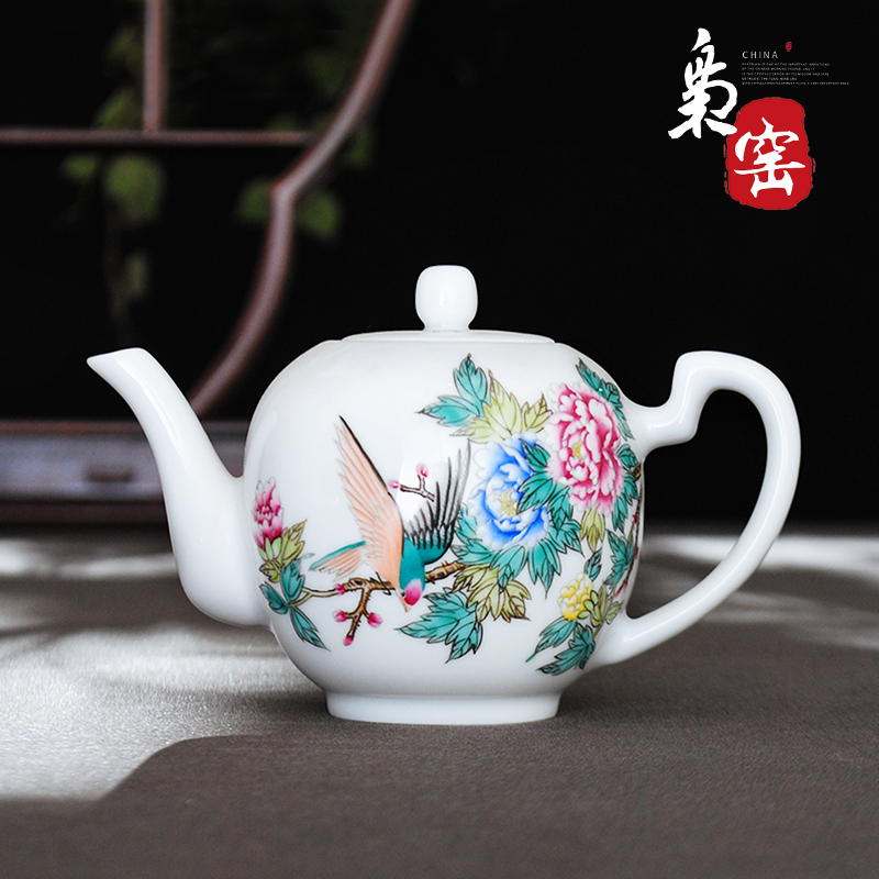 Hand-painted teapot with pink porcelain in Jingdezhen, Ouyao Kiln Kungfu teapot pure hand-made ceramic single pot flower-bird tea set