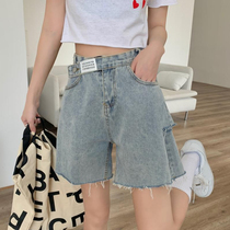 Hot girl hole high waist denim shorts womens summer thin section 2021 new loose a word wide leg five-point pants tide