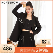 Red sleeve suit early autumn jacket female 2021 new pearl flower loose thin temperament niche black suit