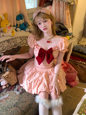 taobao agent Genuine red cute short sleeve dress flower-shaped, flowered, with embroidery