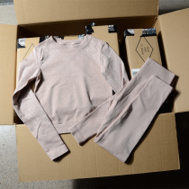 Foreign trade big brand trim height waist short fitness suit spring and autumn thick soft round neck long sleeves top cropped pants woman