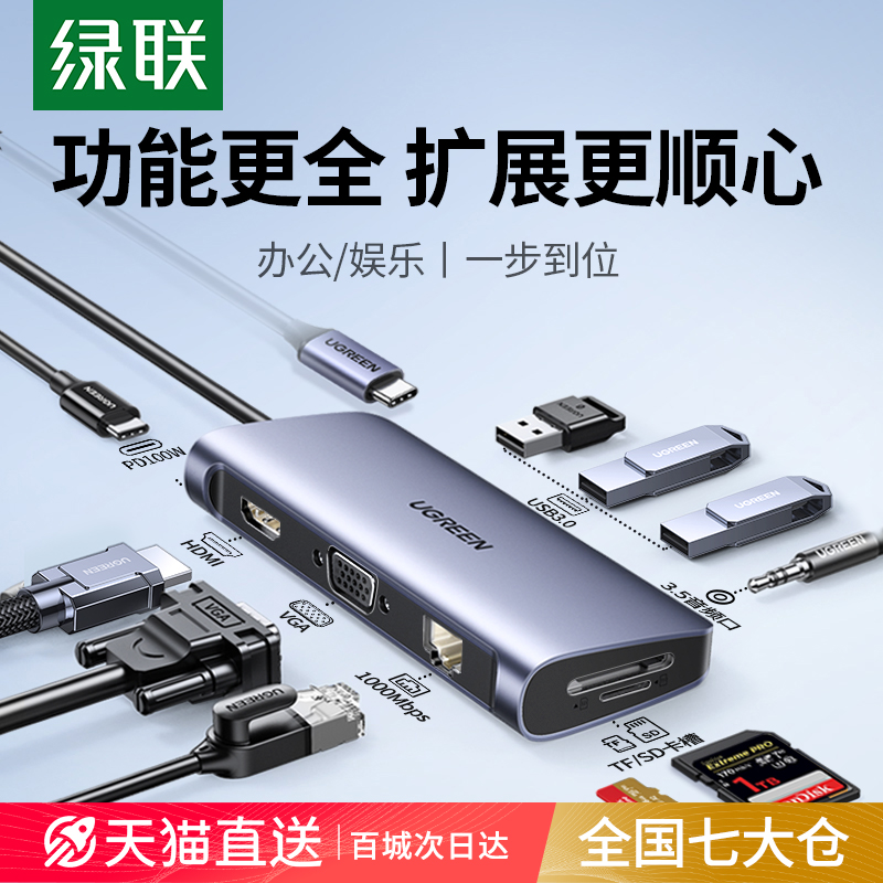 绿联拓展坞Typec扩展USB分线器hub集线器雷电4HDMI投屏多接口网线转换器转