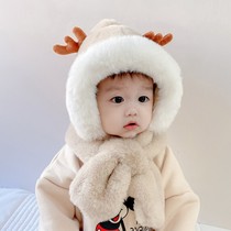 Japanese baby hat scarf one-piece children plush cute autumn and winter boys and girls bib ear cap plus Velvet Baby