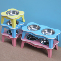 Wooden Pet Bowl Rack Teddy Dog Bowl dog Cat Bowl Rack Cat Rice Basin Double Bowl Dog Table Pet Double Bowl