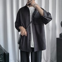 Vertical striped shirt mens summer tide ins fat size loose three-point sleeve shirt Port wind Japanese inch shirt jacket