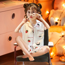 Girls Pajamas Childrens summer cotton gauze thin short-sleeved suit Little girl Princess summer big childrens home clothes