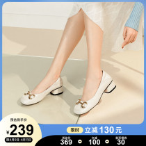 Camel women shoes 2022 Spring new genuine leather horse title buckle shallow mouth heel with small leather shoes flat bottom shoes womens single shoes