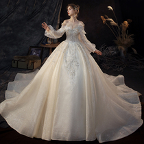Light wedding dress 2021 new bride tailing dream pregnant woman size cover pregnant belly thin Starry Sky word shoulder female