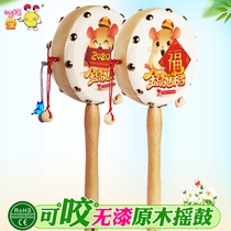 Zodiac painting baby rattle log handle cargo drum cowhide drum newborn childrens wooden toy hand drum