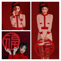 New Years creative photography photo non-woven blessing character family portrait ancient costume handwritten blessing character couplet New Year photo props