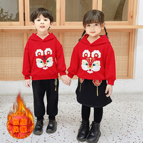 New Years clothing baby boy Chinese style plus velvet suit red festive clothes children Winter Tang suit Hanfu