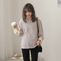 2021 spring new maternity Korean fashion item stitching ruffle sleeve striped round neck maternity long-sleeved T-shirt tide
