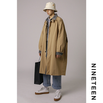 9 26 Korean version of the trend long trench coat stitching denim fake two loose harbor style coat coat mens clothing