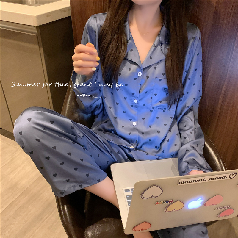 Spring and Autumn 2021 new sweet purple love long-sleeved pajamas womens spring and autumn ice silk trousers two-piece set of home clothes