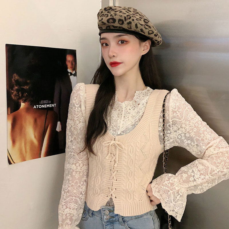 Japanese Academy wind sweater vest Korean version of the womens 2021 new loose-fitting outer wear belt knitted top spring