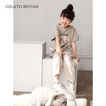 Beiyan childrens pajamas girls summer pure cotton short-sleeved trousers Home clothes thin section in the big childrens anti-mosquito pants suit summer