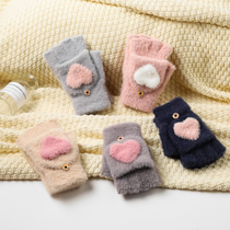 Gloves winter women plush love flap knitted wool cute ins Dew half finger dual-purpose writing plus velvet Korean version