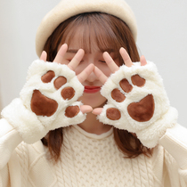 2021 Korean version of half finger plush gloves female thick warm autumn and winter students cat claw embroidery plus velvet casual cute