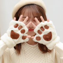 2021 Korean version of half finger plush gloves female thick warm autumn and winter students cat claw embroidery plus velvet casual cute